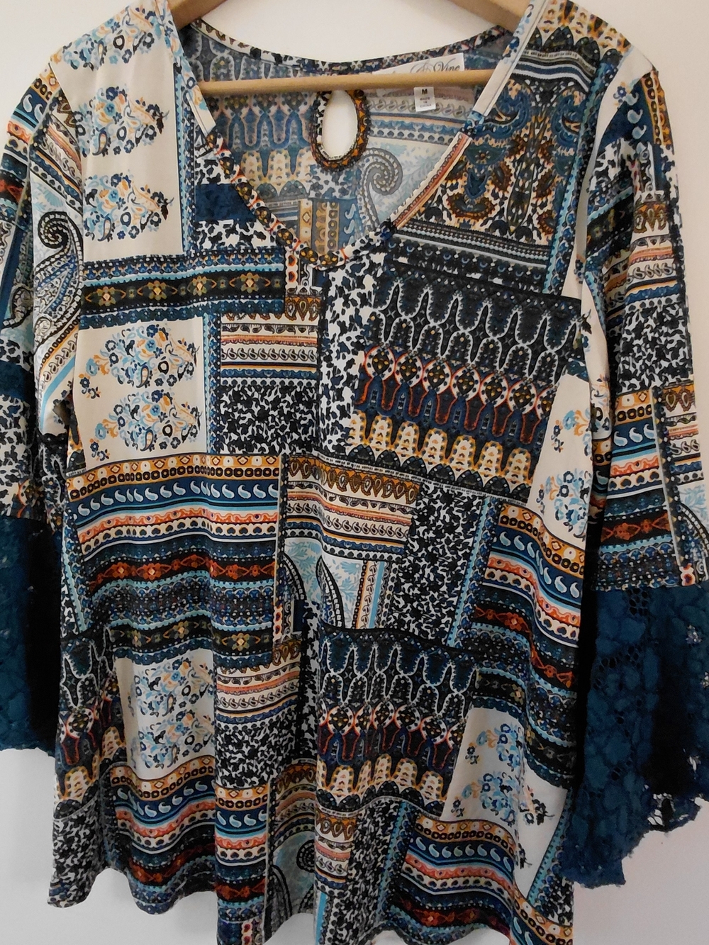 Stem & Vine Sz M Beautiful 3/4 Lace Bell Sleeve Peasent Boho Style Blouse